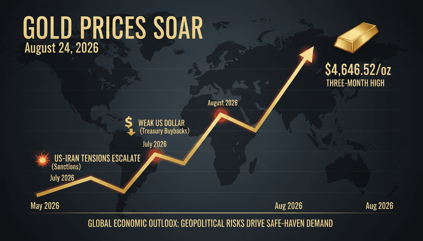 A chart illustrating the rise of gold prices to $4,646.52 per ounce amid geopolitical tensions and a weaker dollar.
