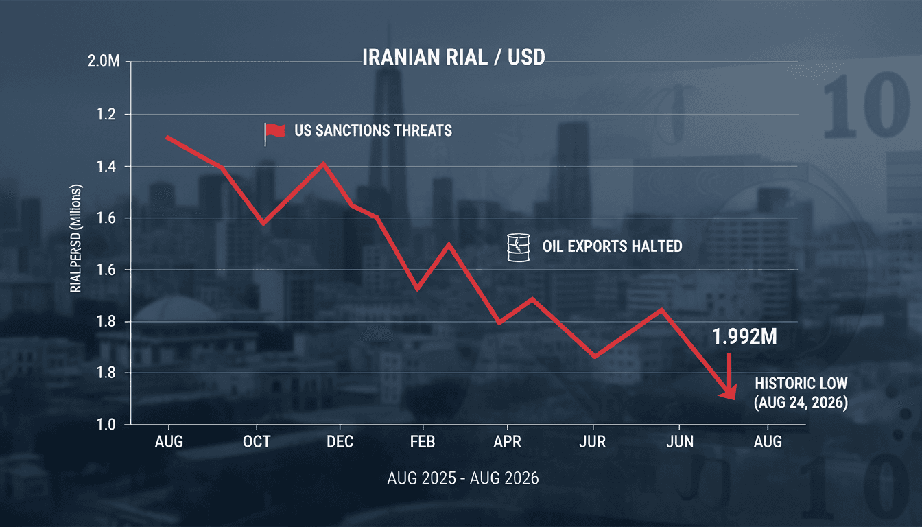 A chart showing the Iranian rial's depreciation against the US dollar, highlighting the impact of US sanctions.