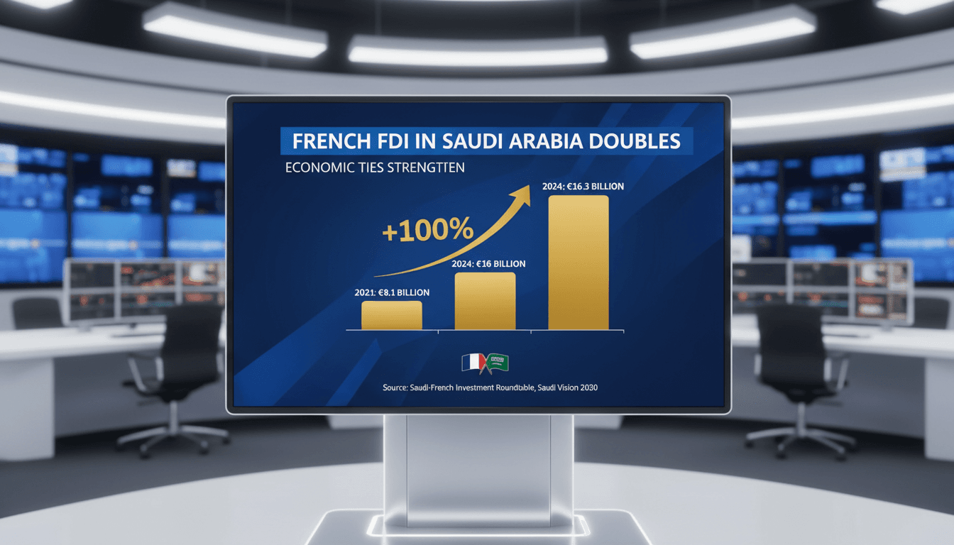 Infographic illustrating the growth of French FDI in Saudi Arabia, highlighting key sectors and investment figures.