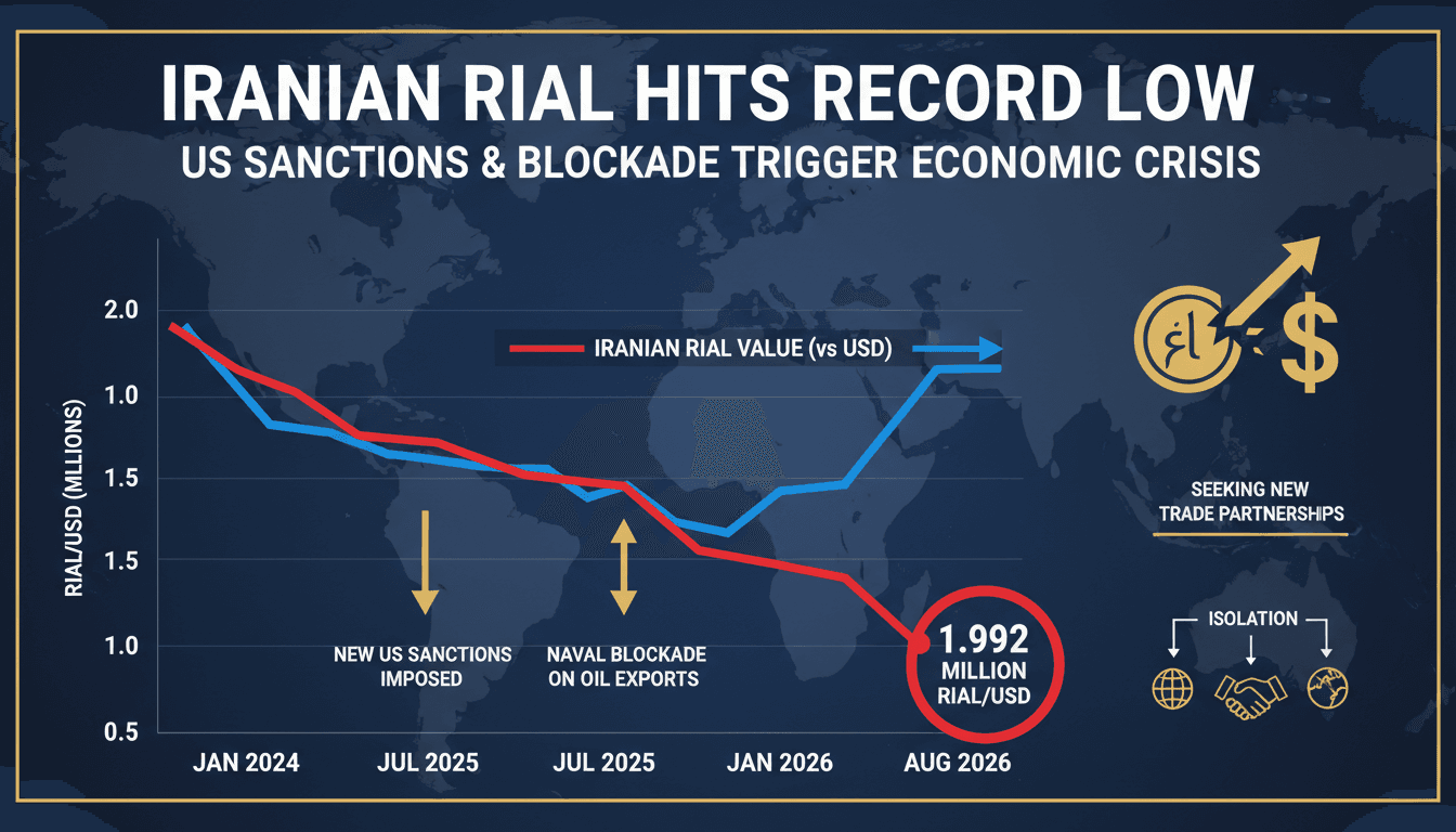 Infographic showing the decline of the Iranian rial against the USD, highlighting key events leading to the devaluation.