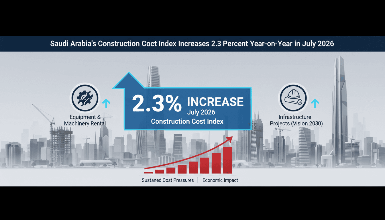 Infographic showing the 2.3% rise in Saudi Arabia's Construction Cost Index with key factors influencing the increase.