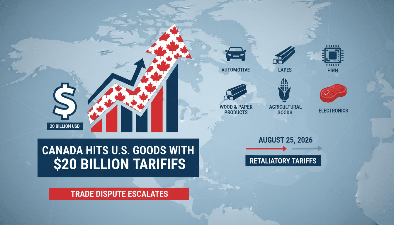 Infographic showing the impact of Canada's tariffs on U.S. goods worth $20 billion, highlighting key product categories.