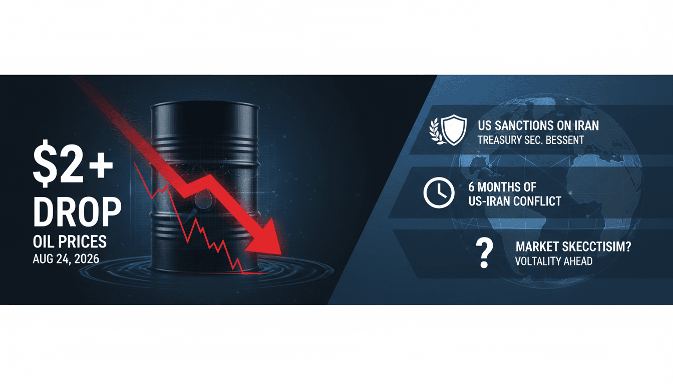 A graphic illustrating the decline in oil prices due to US sanctions on Iran, highlighting Brent and WTI crude trends.