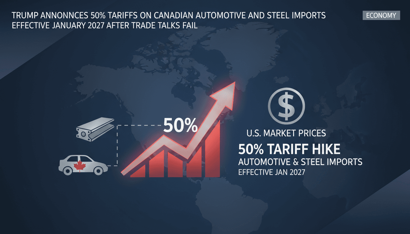 Infographic showing the impact of Trump's 50% tariffs on Canadian automotive and steel imports.