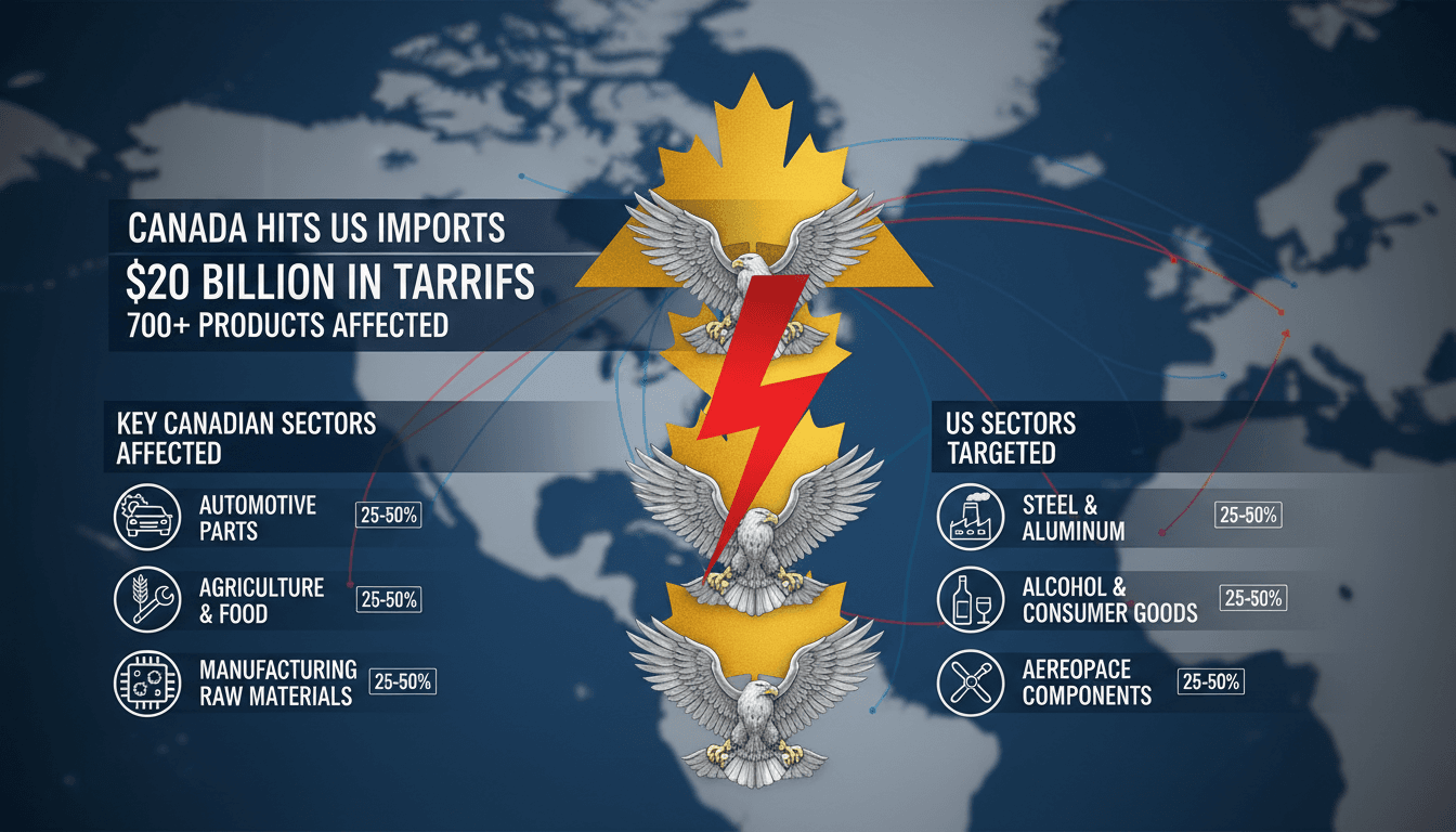 Infographic detailing Canada's $20 billion retaliatory tariffs on US imports and affected sectors.