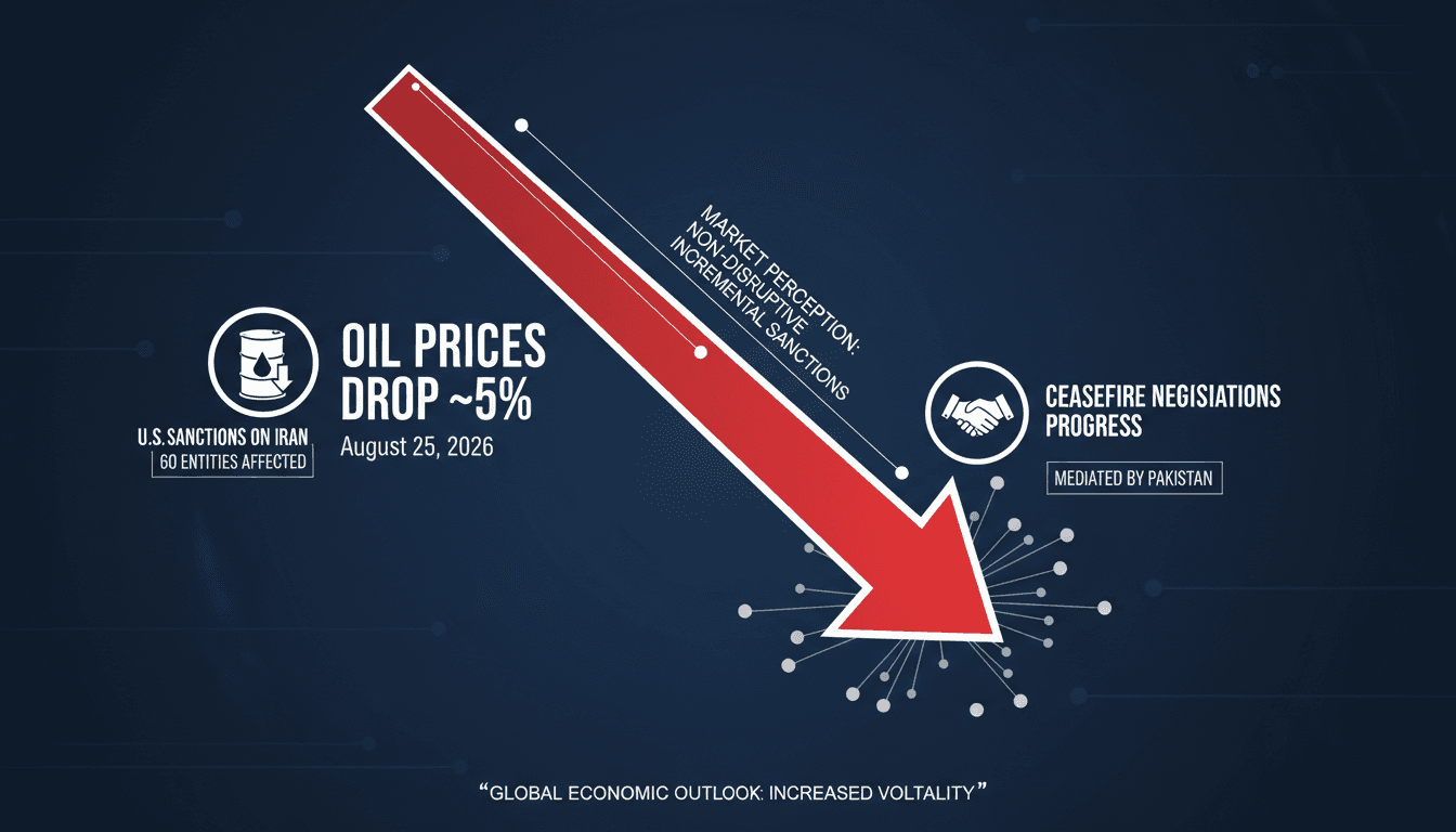 A graphic illustrating the decline in oil prices due to U.S. sanctions on Iran and ongoing ceasefire negotiations.
