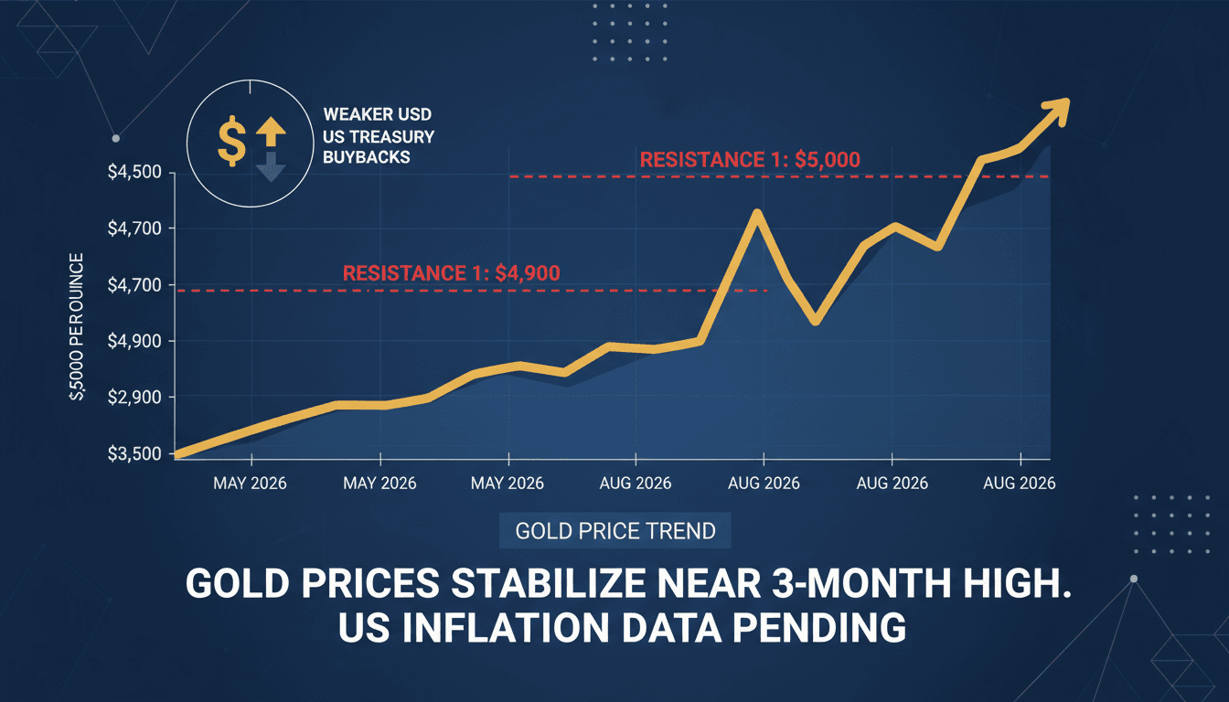 A chart showing gold price stabilization near three-month highs with key resistance levels.
