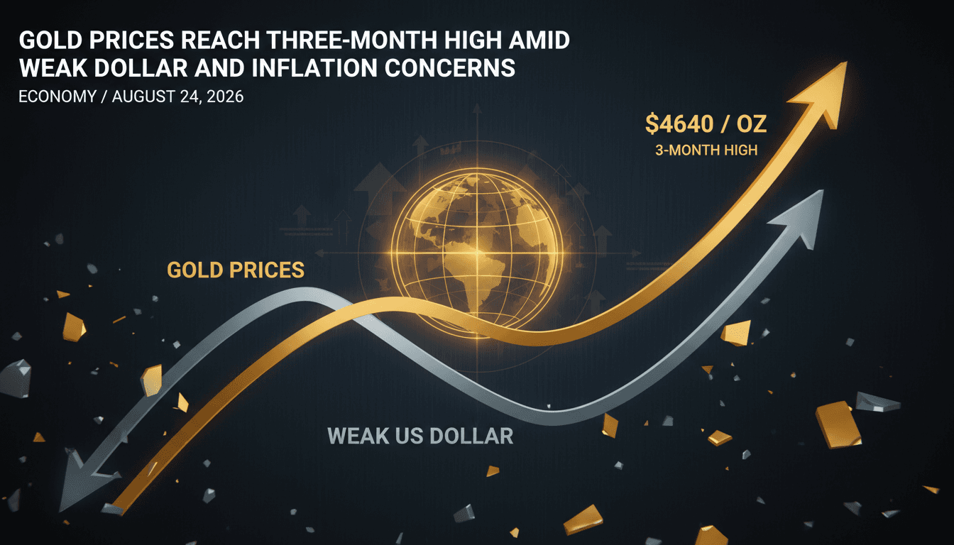 A chart illustrating the rise of gold prices above $4640 per ounce against a backdrop of economic indicators.