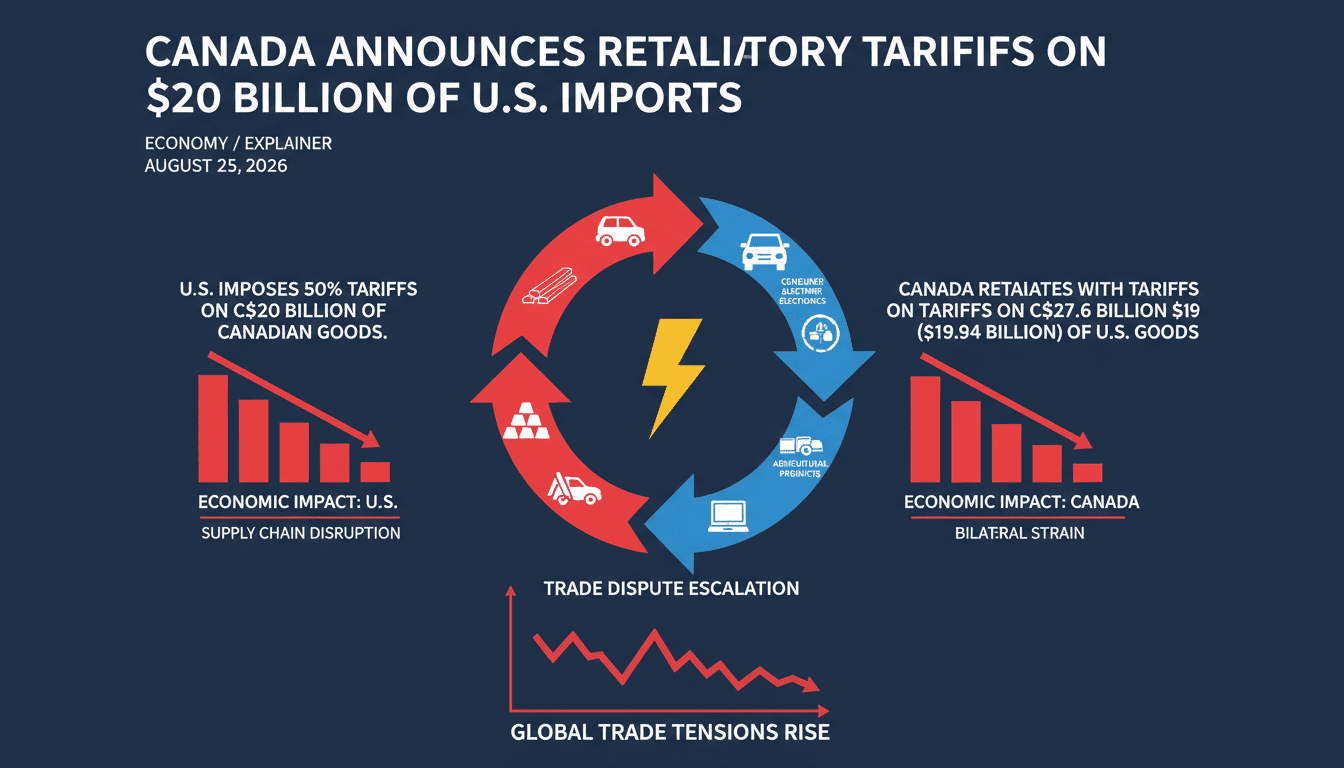 Infographic showing the impact of Canada’s $20 billion tariffs on U.S. imports and global supply chains.