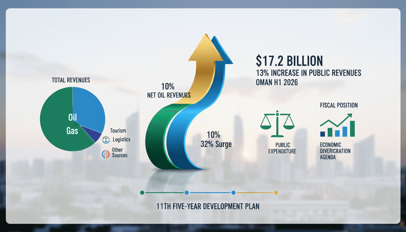 Infographic showing Oman's 13% revenue growth in H1 2026, highlighting oil and gas contributions.