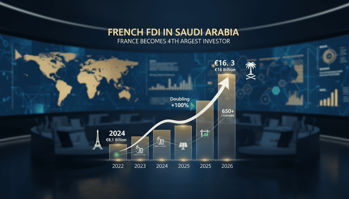 Infographic showing the growth of French foreign direct investment in Saudi Arabia, highlighting key sectors and figures.