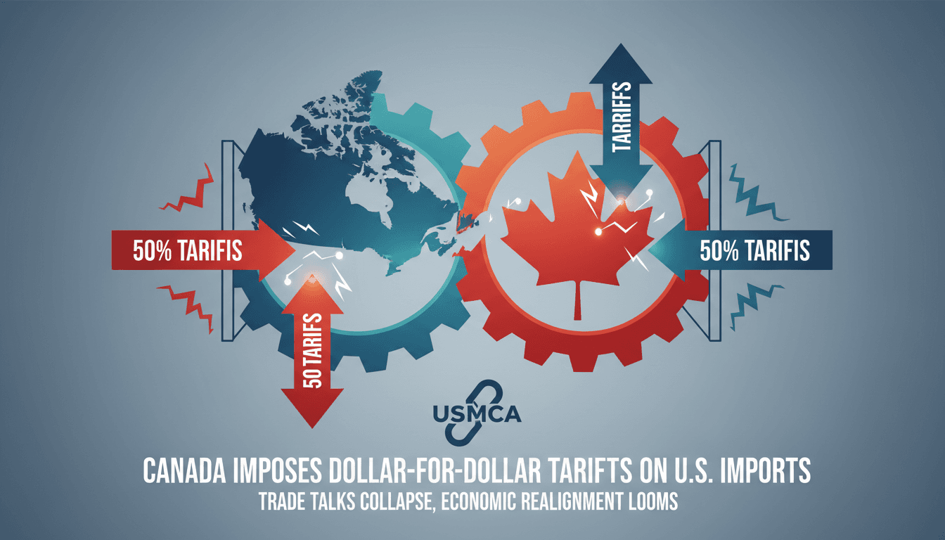 Infographic showing trade flow between the U.S. and Canada, highlighting new tariffs and their economic impact.