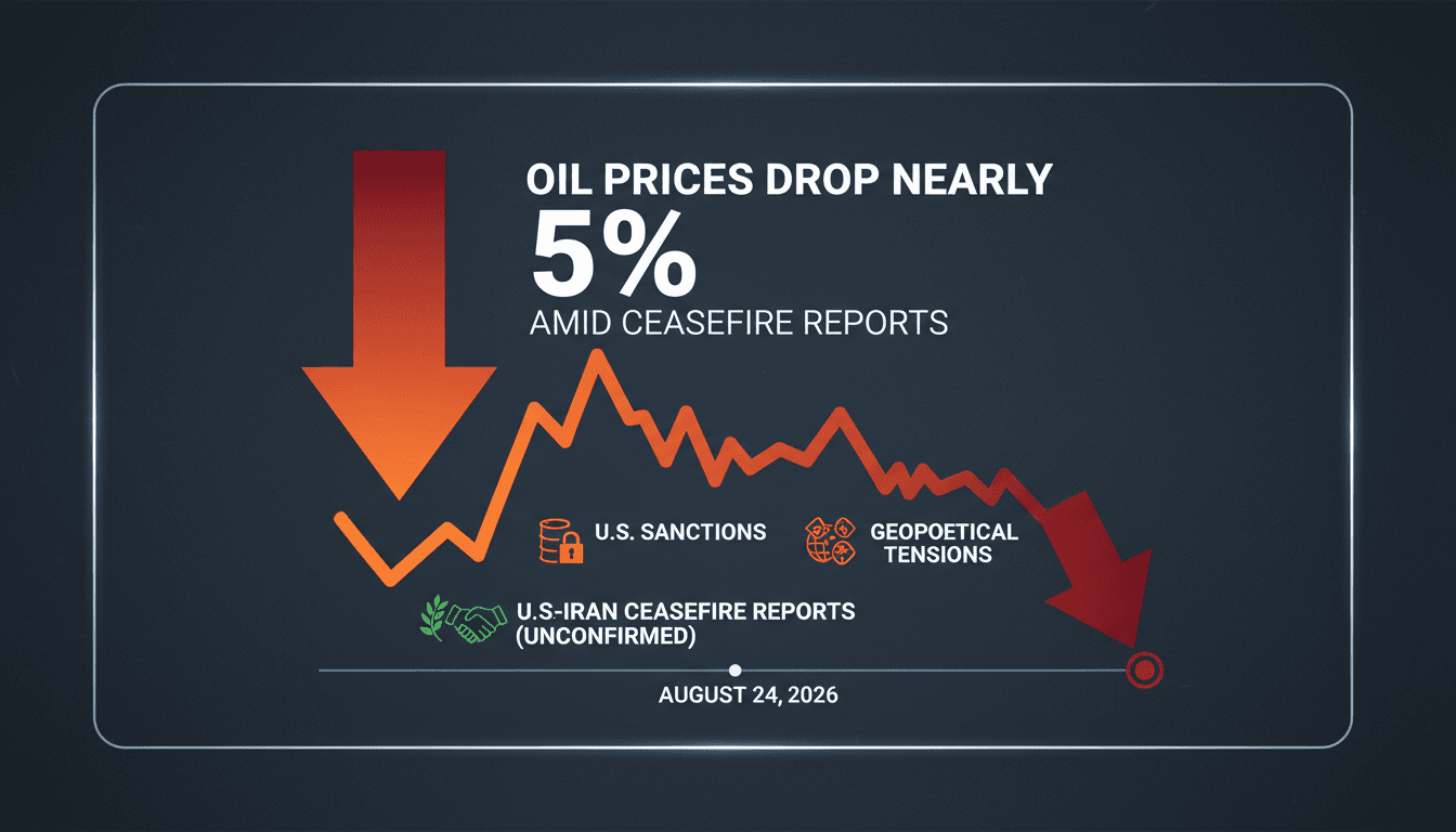 A graph illustrating the decline in oil prices following unconfirmed U.S.-Iran ceasefire reports.