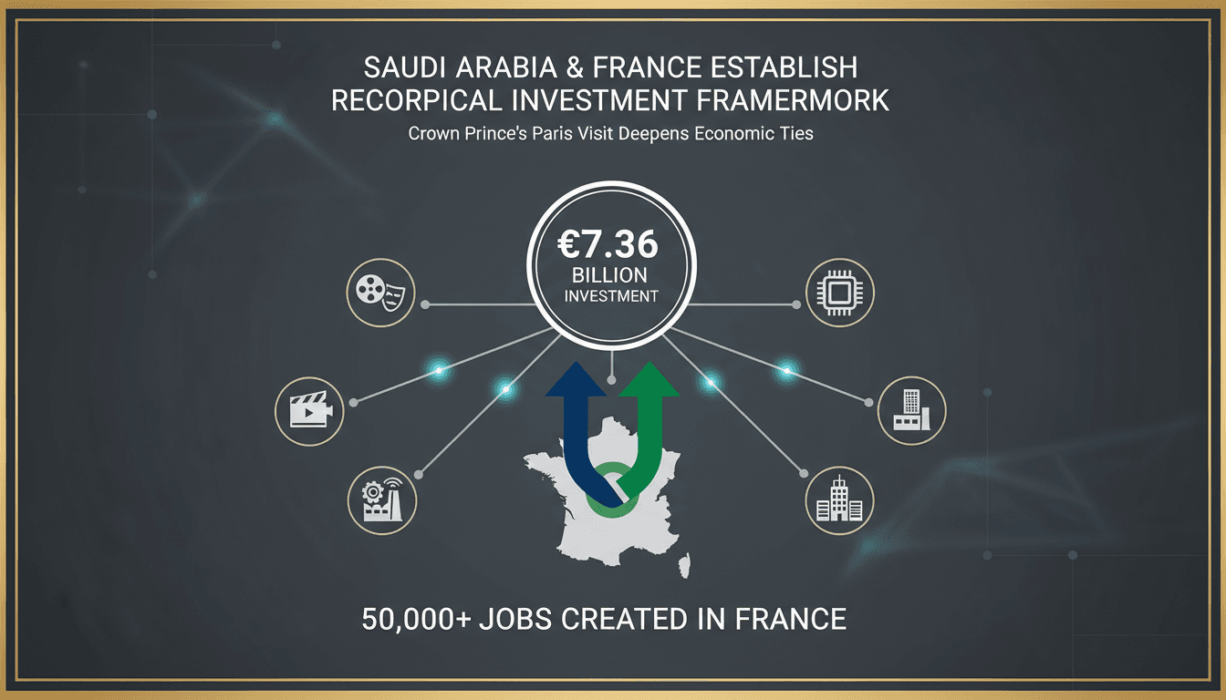 Infographic illustrating the €7.36 billion Saudi investment in France and its job creation impact.
