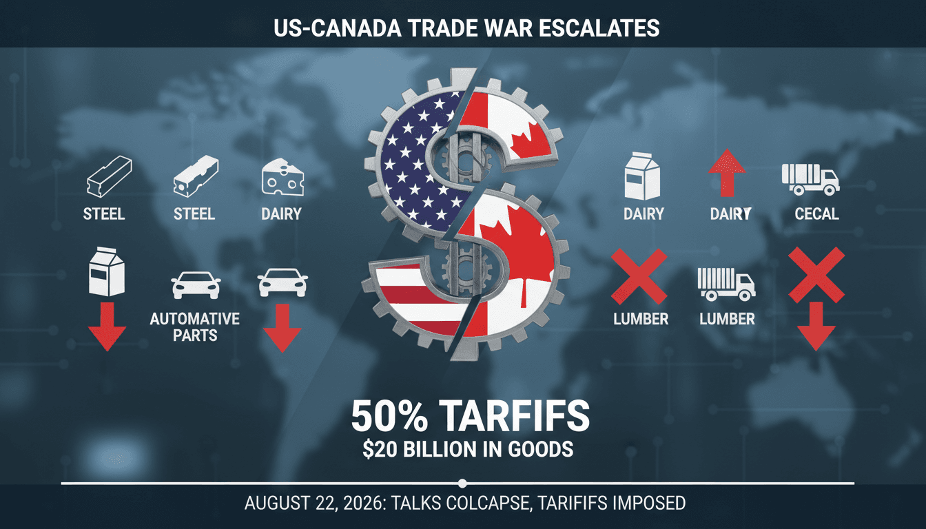 Infographic illustrating the $20 billion in tariffs and affected sectors in the US-Canada trade war.