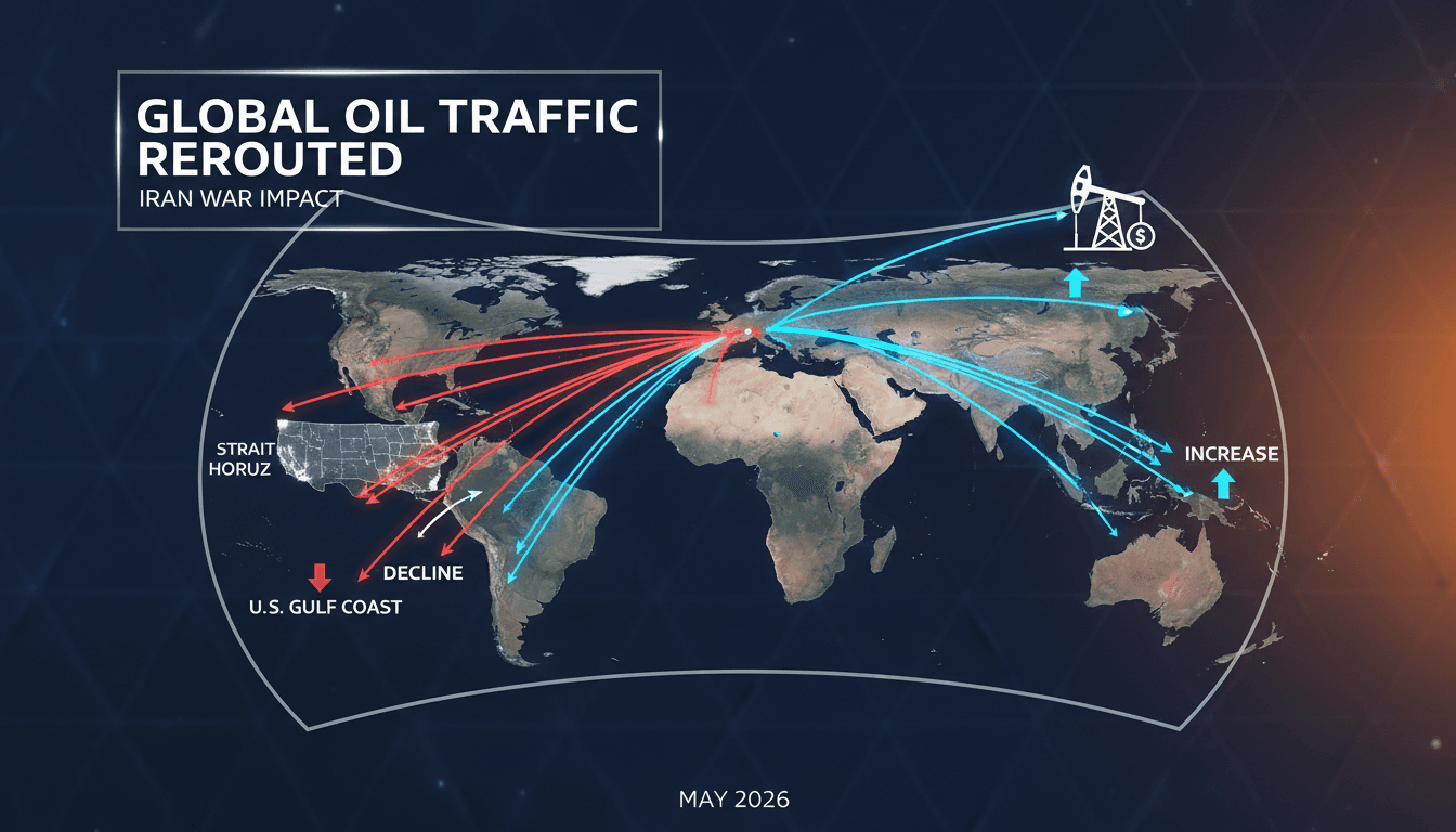 A map showing the rerouting of oil traffic from the Strait of Hormuz to U.S. Gulf Coast ports due to the Iran war.