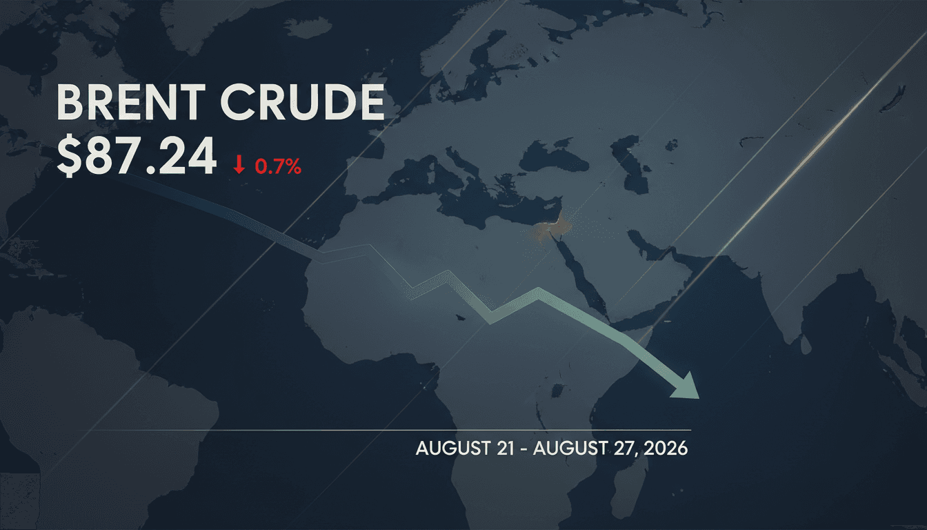 A chart depicting the decline in Brent crude prices alongside news of Hormuz diplomatic progress.