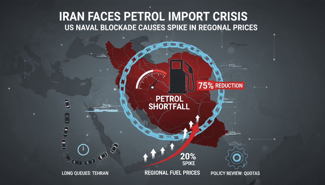 A graphic illustrating Iran's petrol import shortfall and the impact of the US naval blockade.