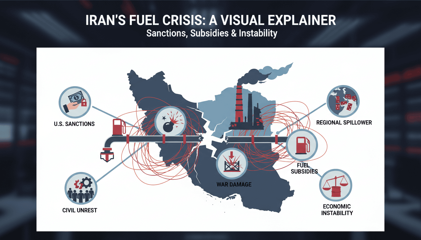 Infographic showing Iran's fuel supply chain disruptions and their effects on regional stability.
