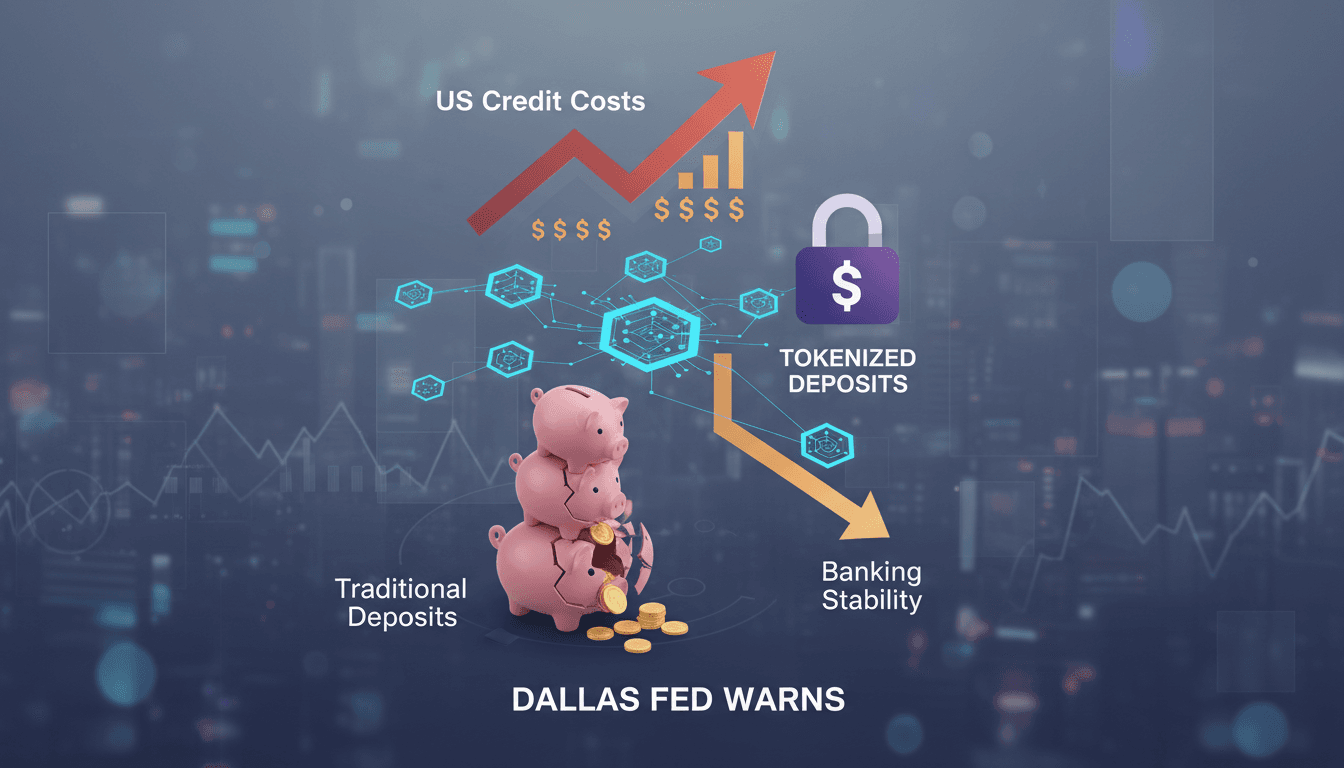 Infographic showing the impact of tokenized deposits on US credit costs and banking stability.