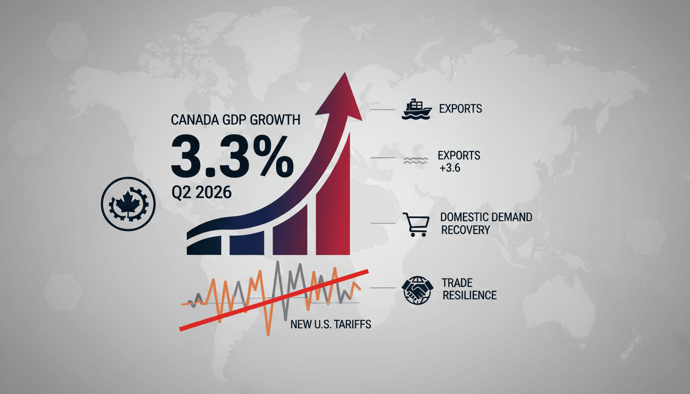 Infographic illustrating Canada's 3.3% GDP growth in Q2 2026, highlighting key export sectors and economic recovery.