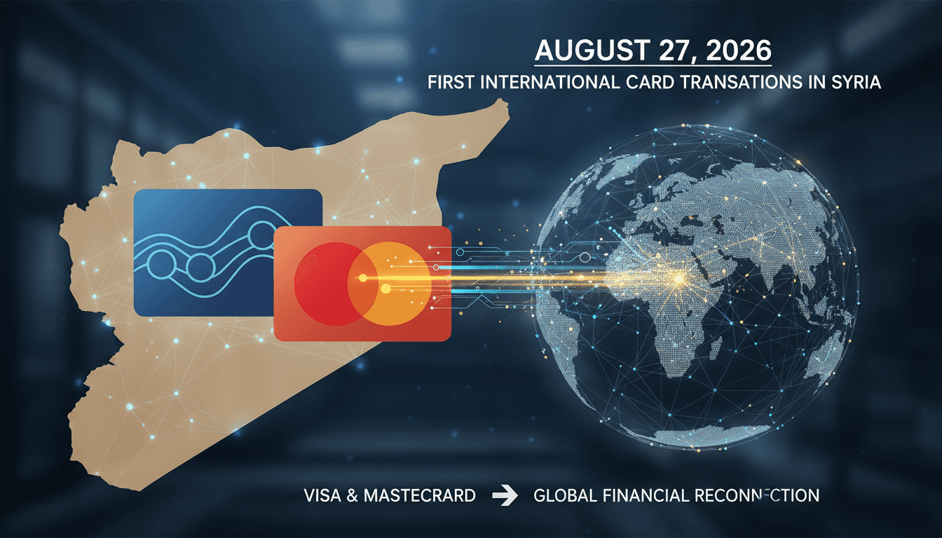 Syrian President Ahmed al-Sharaa making the first Visa transaction in Syria, marking a significant financial milestone.