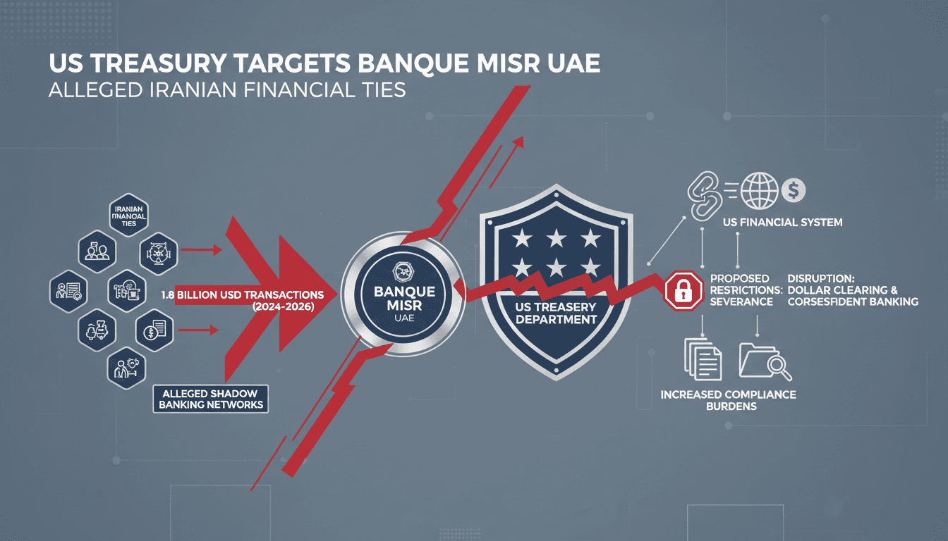 Infographic showing the impact of US Treasury restrictions on Banque Misr's UAE branches and financial transactions.