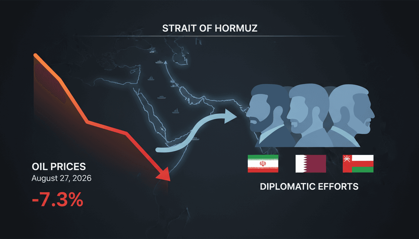 A graphic illustrating the decline in oil prices and key diplomatic players in the Strait of Hormuz negotiations.