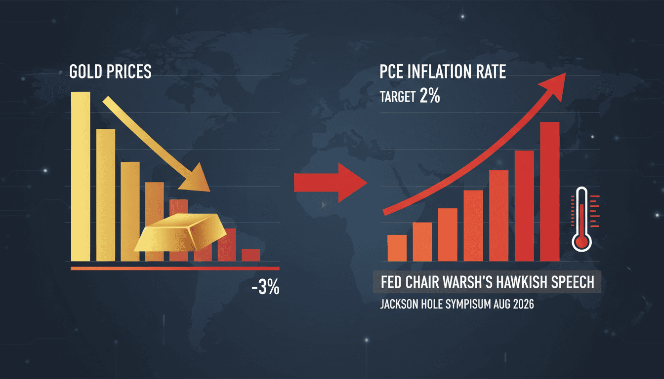 A graph illustrating the decline in gold prices following Fed Chair Warsh's remarks on inflation at the Jackson Hole Symposium.