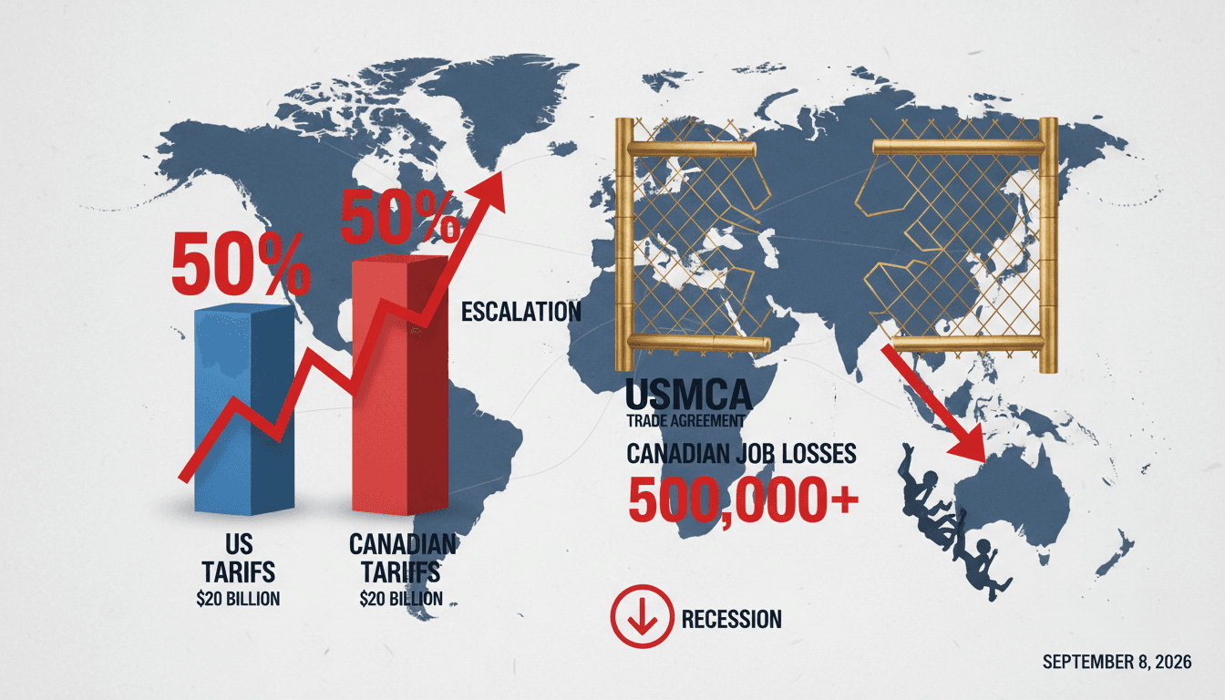 Infographic showing US-Canada trade war tariffs and projected job losses in Canada.