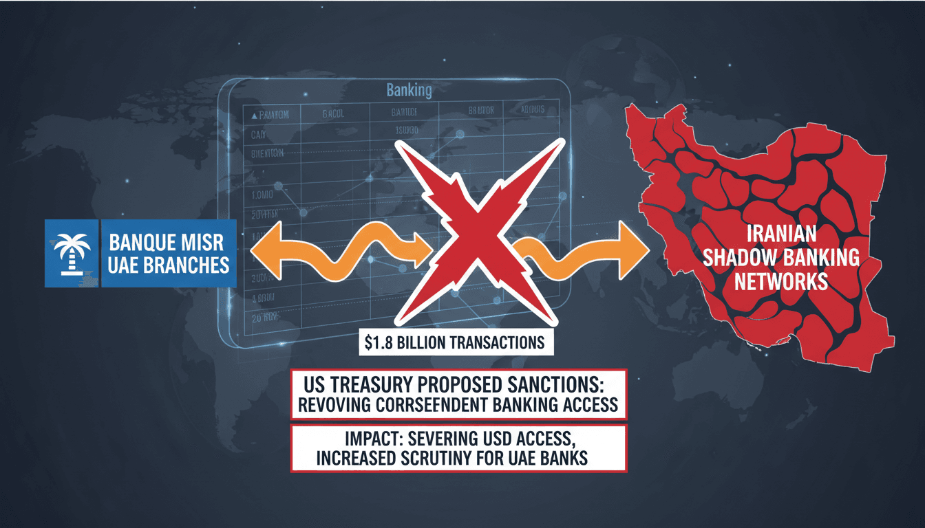 Infographic showing the impact of US Treasury's proposed restrictions on Banque Misr's UAE branches and USD transactions.