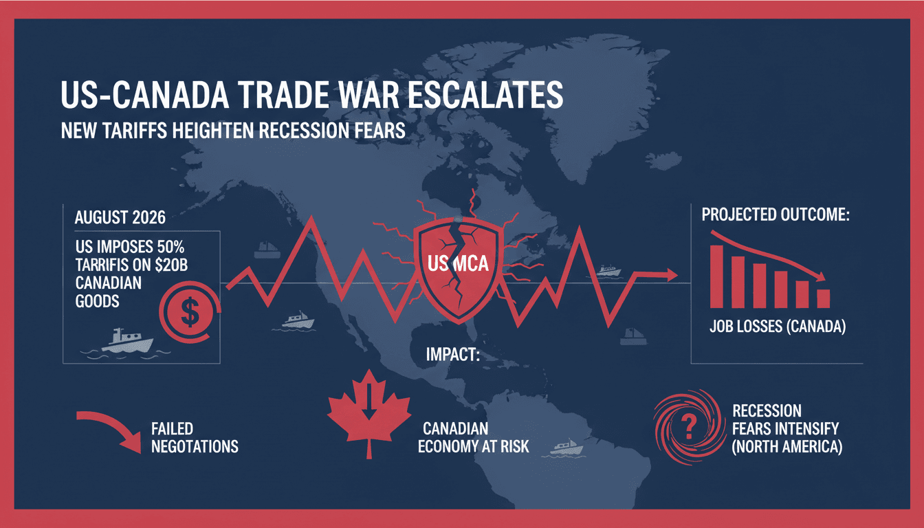 Infographic depicting the US-Canada trade war timeline and economic impacts on jobs and trade.