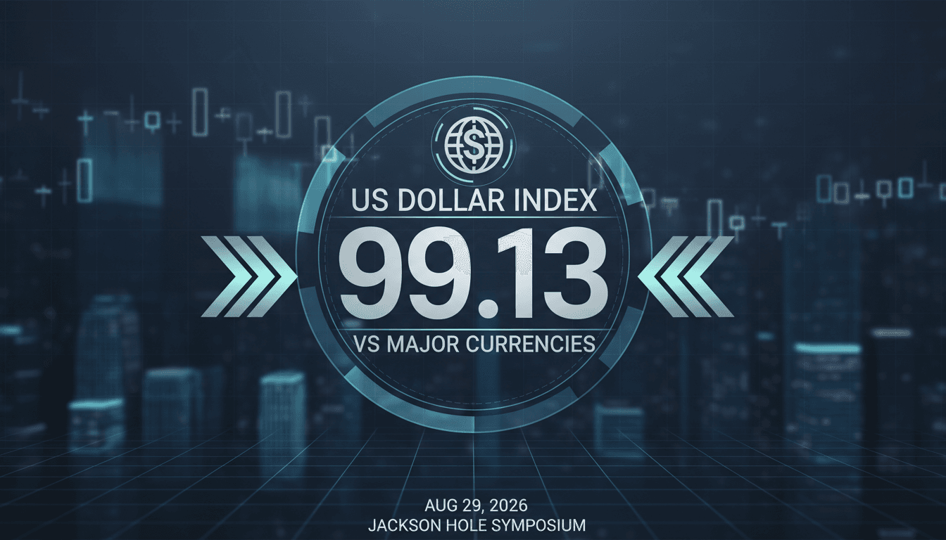 A graphic showing the US dollar index at 99.13, highlighting its stabilization in global forex markets.