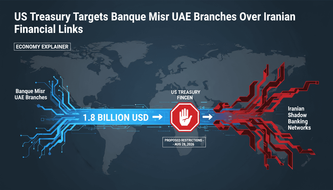 Infographic showing transaction flows from Banque Misr to Iranian shadow banking networks.