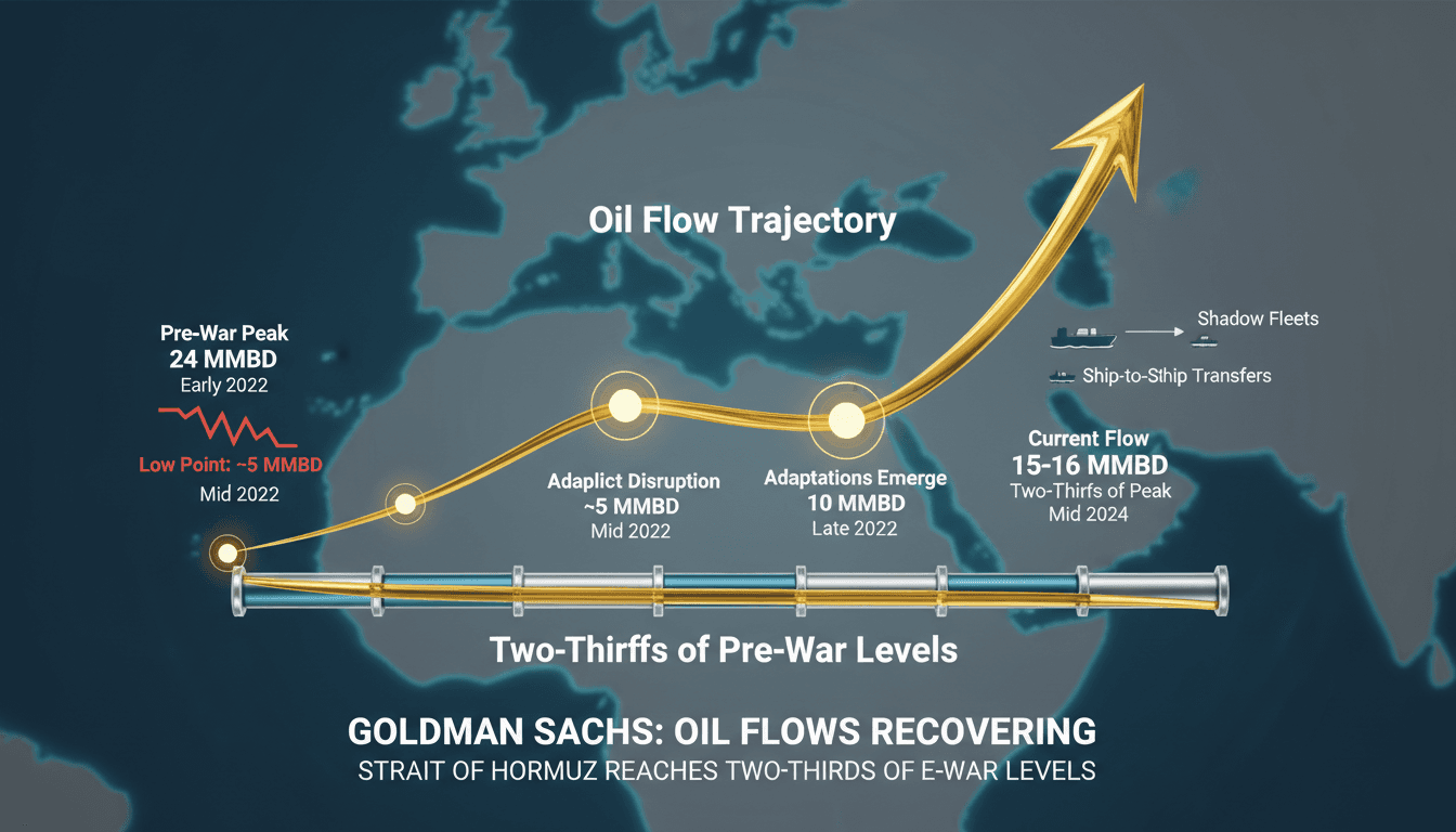 Infographic showing the recovery of oil flows through the Strait of Hormuz, highlighting key statistics and trends.