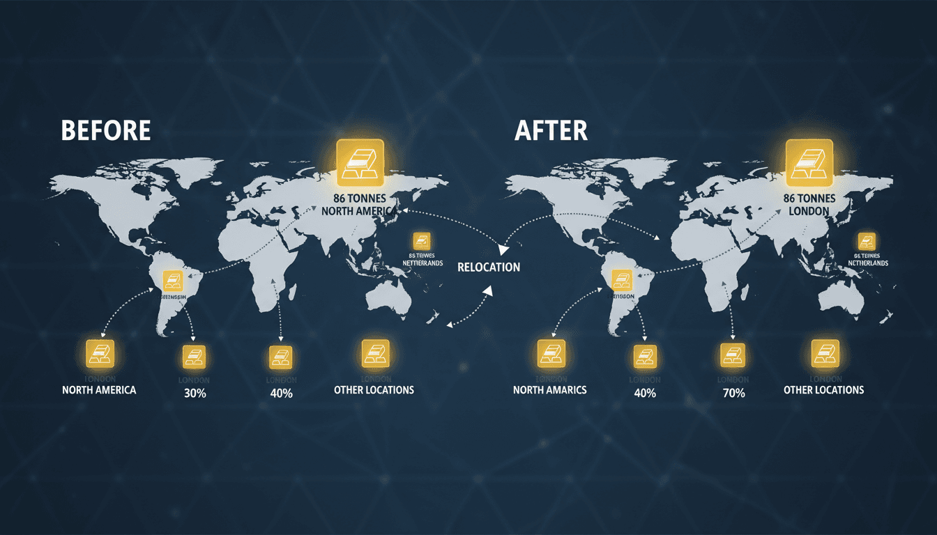 Infographic showing the relocation of 86 metric tonnes of gold by De Nederlandsche Bank from North America to London.