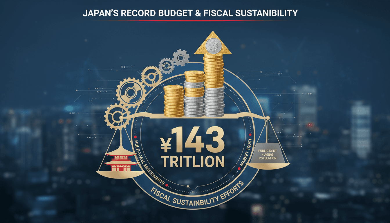 Infographic illustrating Japan's record budget requests and fiscal sustainability efforts.