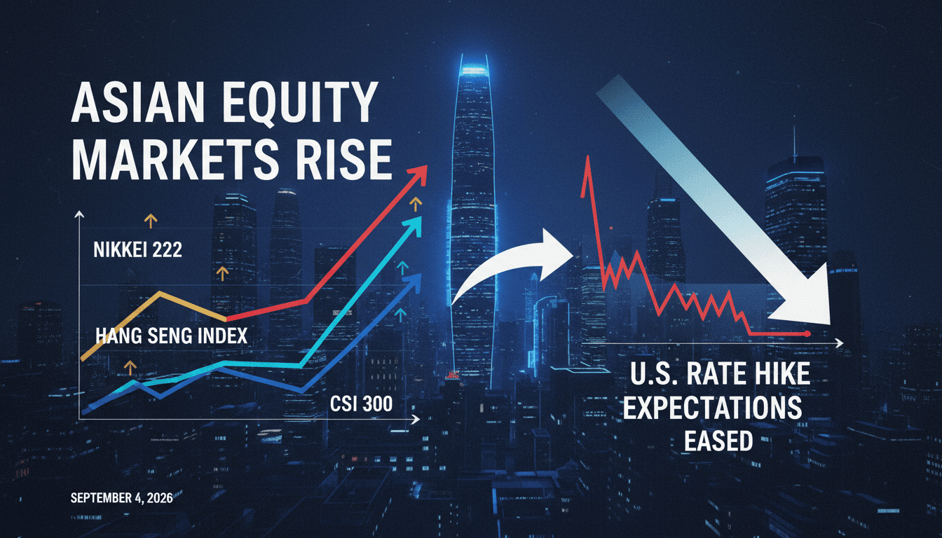 A visual representation of rising Asian stock indices with a focus on technology sector gains and Federal Reserve rate expectations.