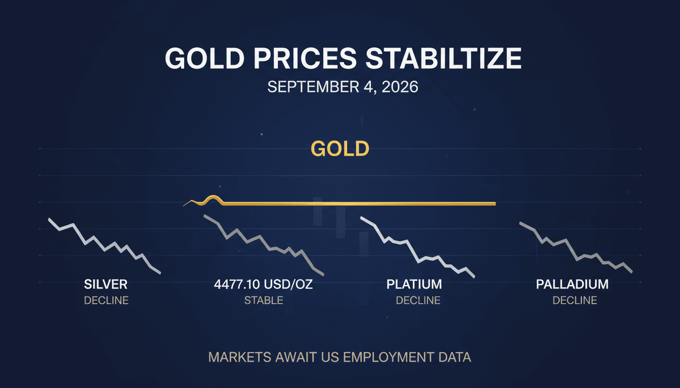 A chart displaying gold prices holding steady while silver, platinum, and palladium decline on September 4, 2026.