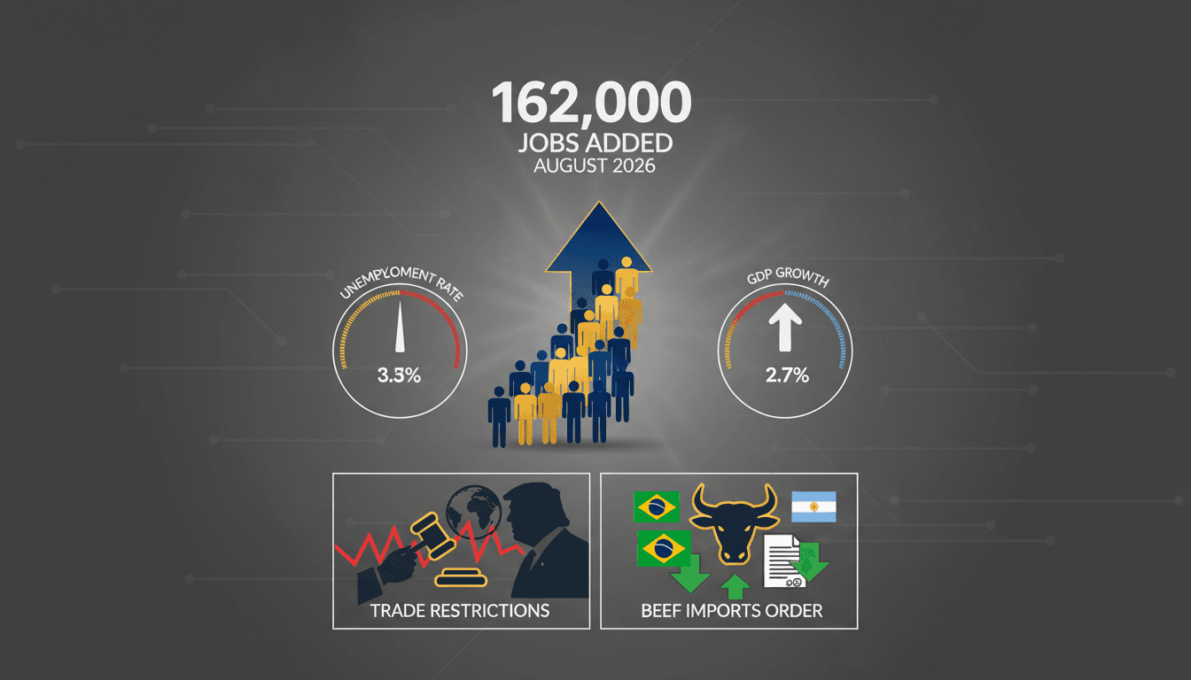 Infographic illustrating the 162,000 jobs added in August 2026 and its impact on interest rates and trade policies.