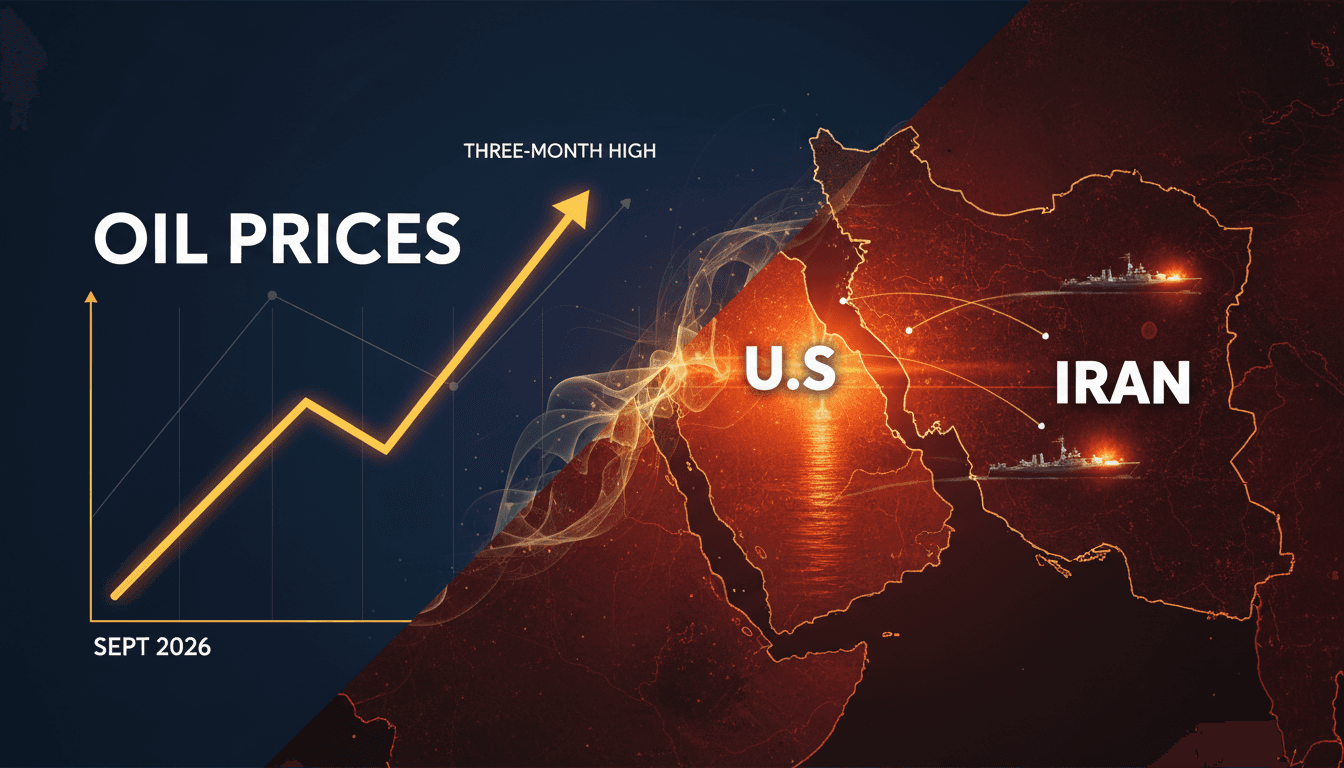 A graph showing rising oil prices with a map of the Strait of Hormuz in the background.