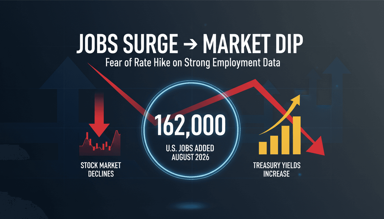 Infographic showing August 2026 jobs report data and market reactions, highlighting 162,000 new jobs added.
