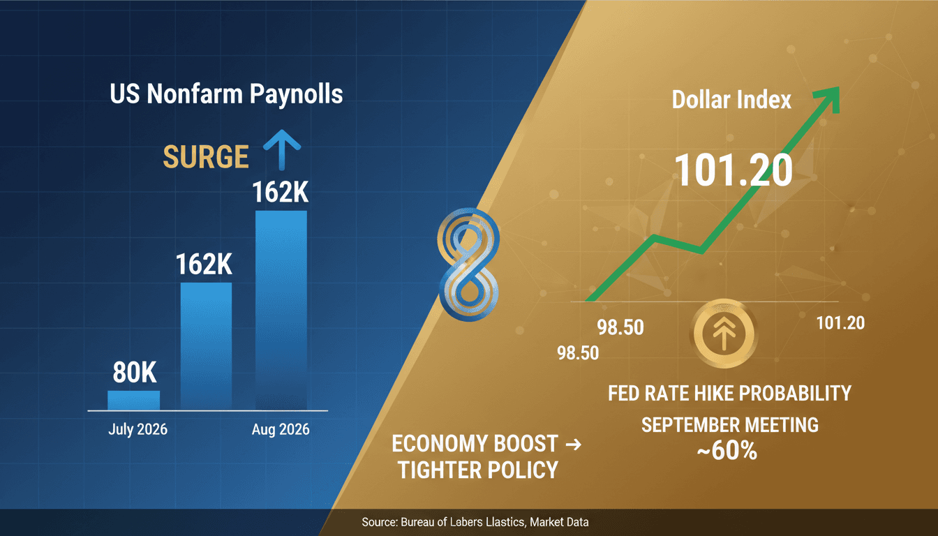 A graphic illustrating the rise in US nonfarm payrolls and its effect on the dollar index.