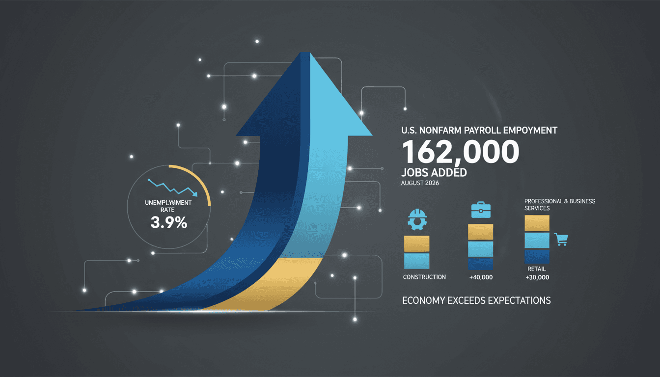 Infographic showing U.S. nonfarm payrolls increase of 162,000 jobs in August 2026, highlighting key sectors and unemployment rate.
