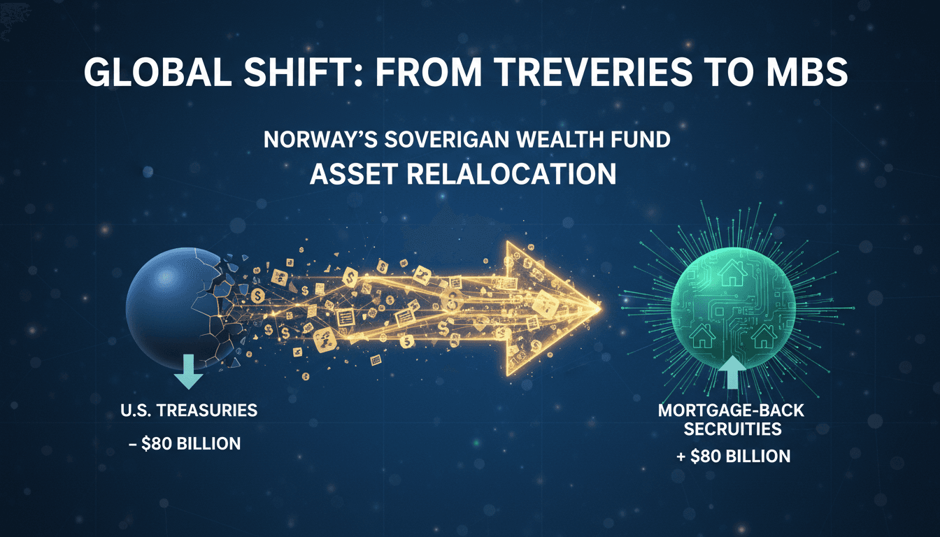 Infographic showing Norway's sovereign wealth fund reallocating $80 billion from U.S. Treasuries to agency mortgage-backed securities.