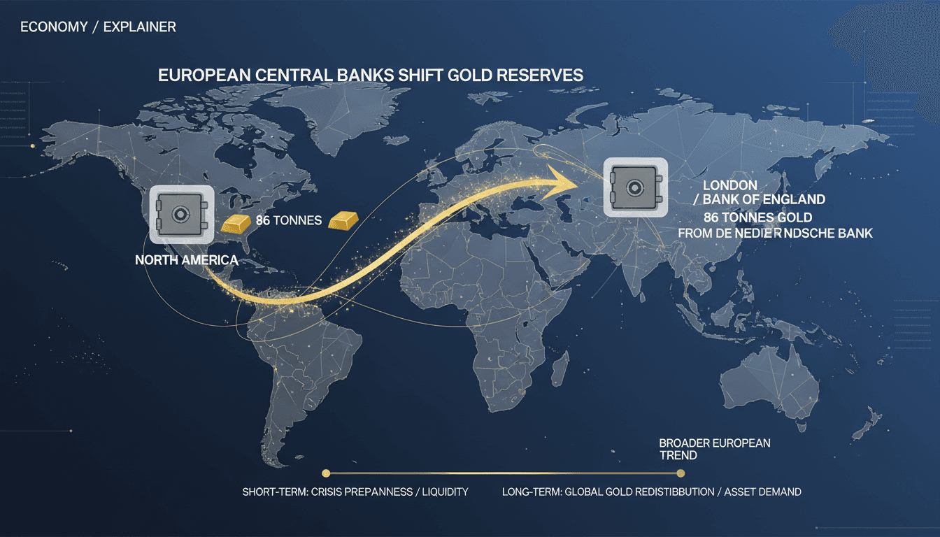Infographic showing the relocation of gold reserves by European central banks from North America to London.