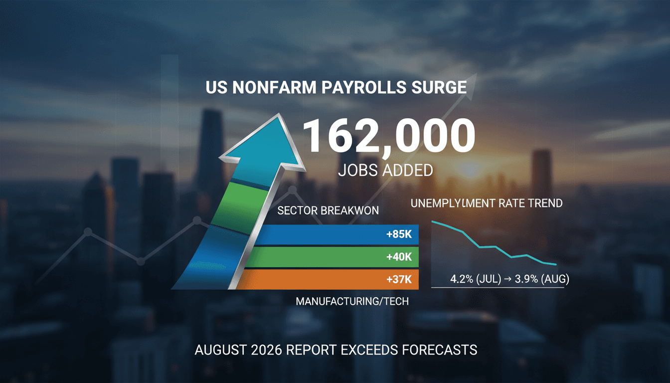 Infographic showing 162,000 jobs added in August 2026, highlighting sector gains and unemployment rate trends.