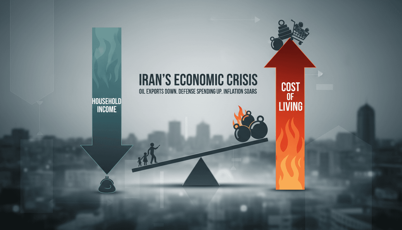 Infographic showing the impact of Iran's fiscal squeeze on households and defence spending.