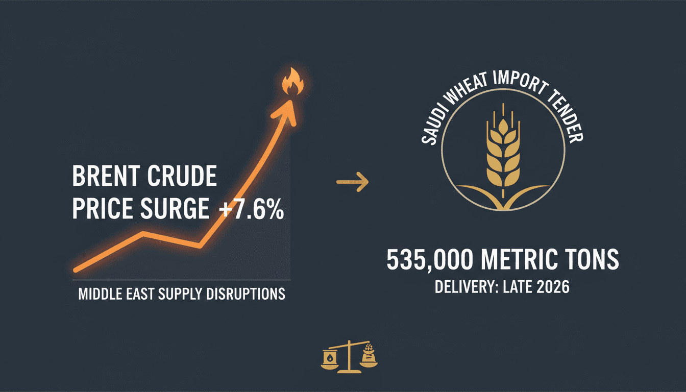A graphic illustrating the rise in Saudi oil prices and details of the wheat import tender.