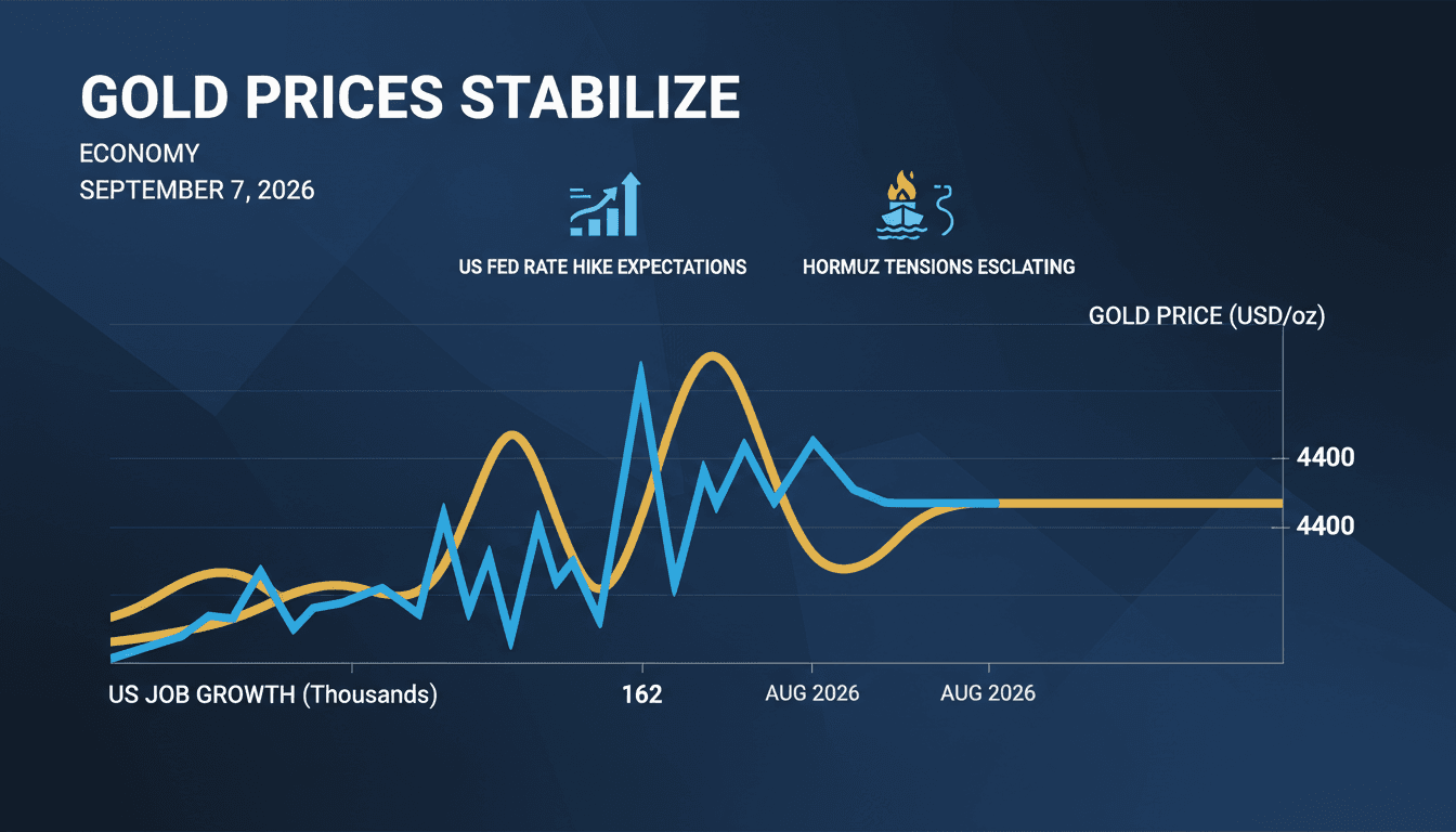 A visual representation of gold price trends and US job growth statistics against a backdrop of geopolitical tensions.